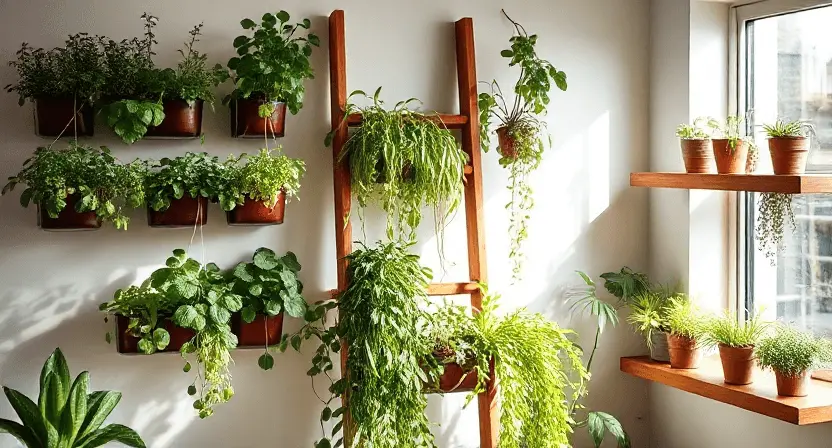 A wall-mounted vertical garden in a modern apartment. Include hanging planters, small pots on a floating shelf, and a ladder shelf filled with green plants.