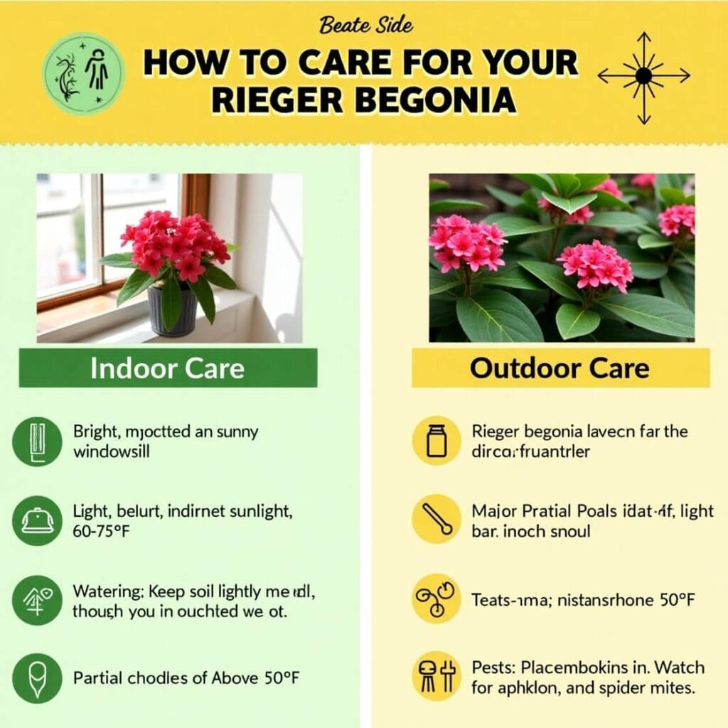 Infographic showing Rieger begonia care tips: indoor care on the left with bright indirect light and stable temperature, and outdoor care on the right with partial shade and mild weather requirements.