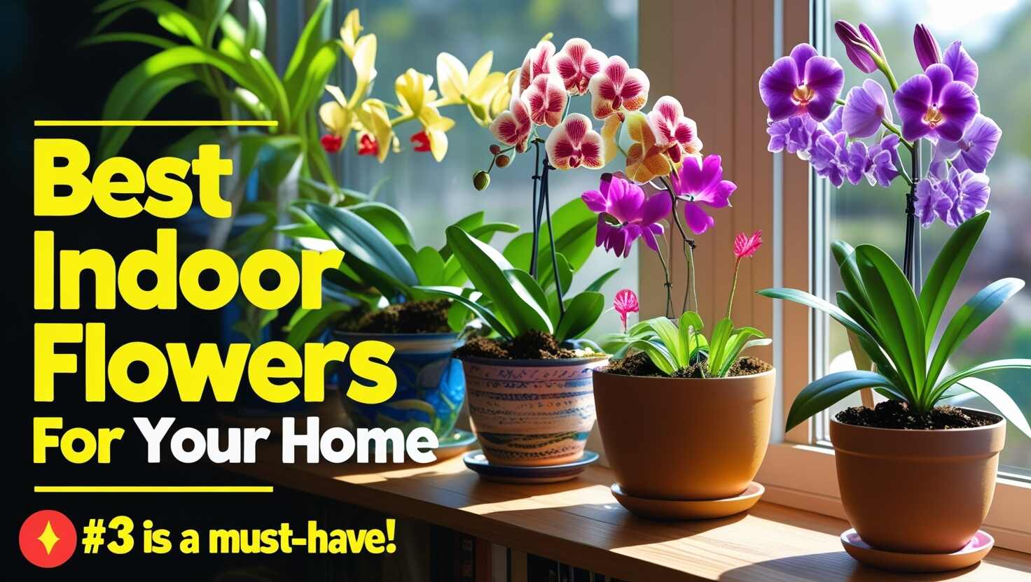 Beautiful indoor flowering plants like orchids, peace lilies, and African violets displayed in stylish pots on a sunny windowsill with text that says, '10 Best Indoor Flowers for Your Home 🌸' and a highlight on ‘#3 is a Must-Have!’"