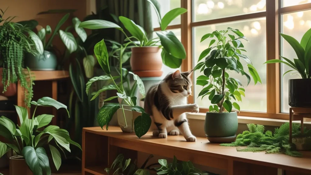 Cozy living room with lush houseplants like spider plants and Boston ferns, and a playful cat interacting with a non-toxic plant, creating a pet-friendly home environment