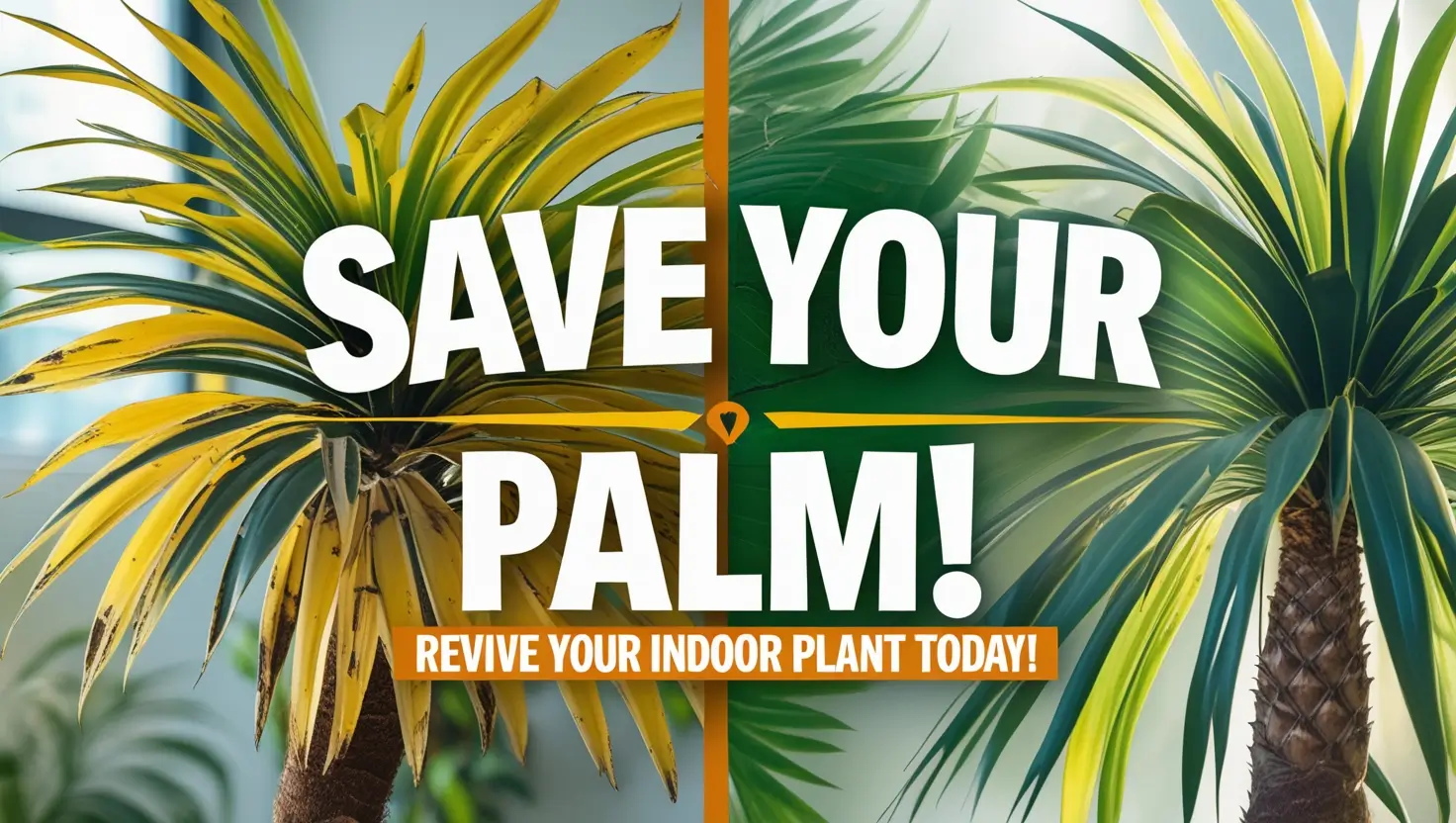 "Engaging thumbnail showing a dying indoor palm plant on the left side with yellowing leaves, and a thriving palm on the right. Bold text overlay: 'Save Your Palm!' and subtext: 'Revive Your Indoor Plant Today!'."