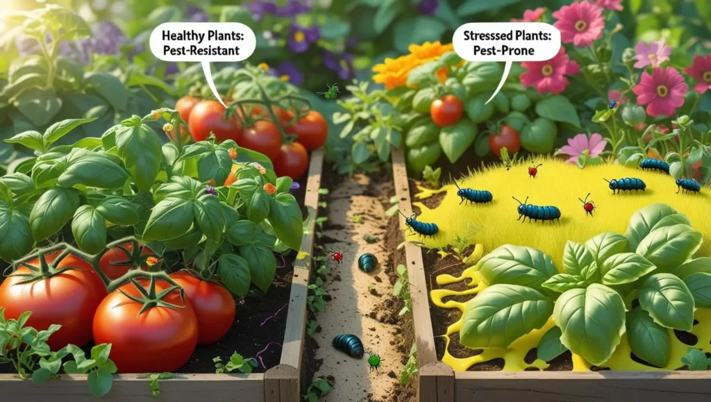 Side-by-side comparison of a healthy plant with glossy leaves and a pest-damaged plant with holes and slug trails. Learn how to keep bugs from eating outdoor plants with simple, effective tips."