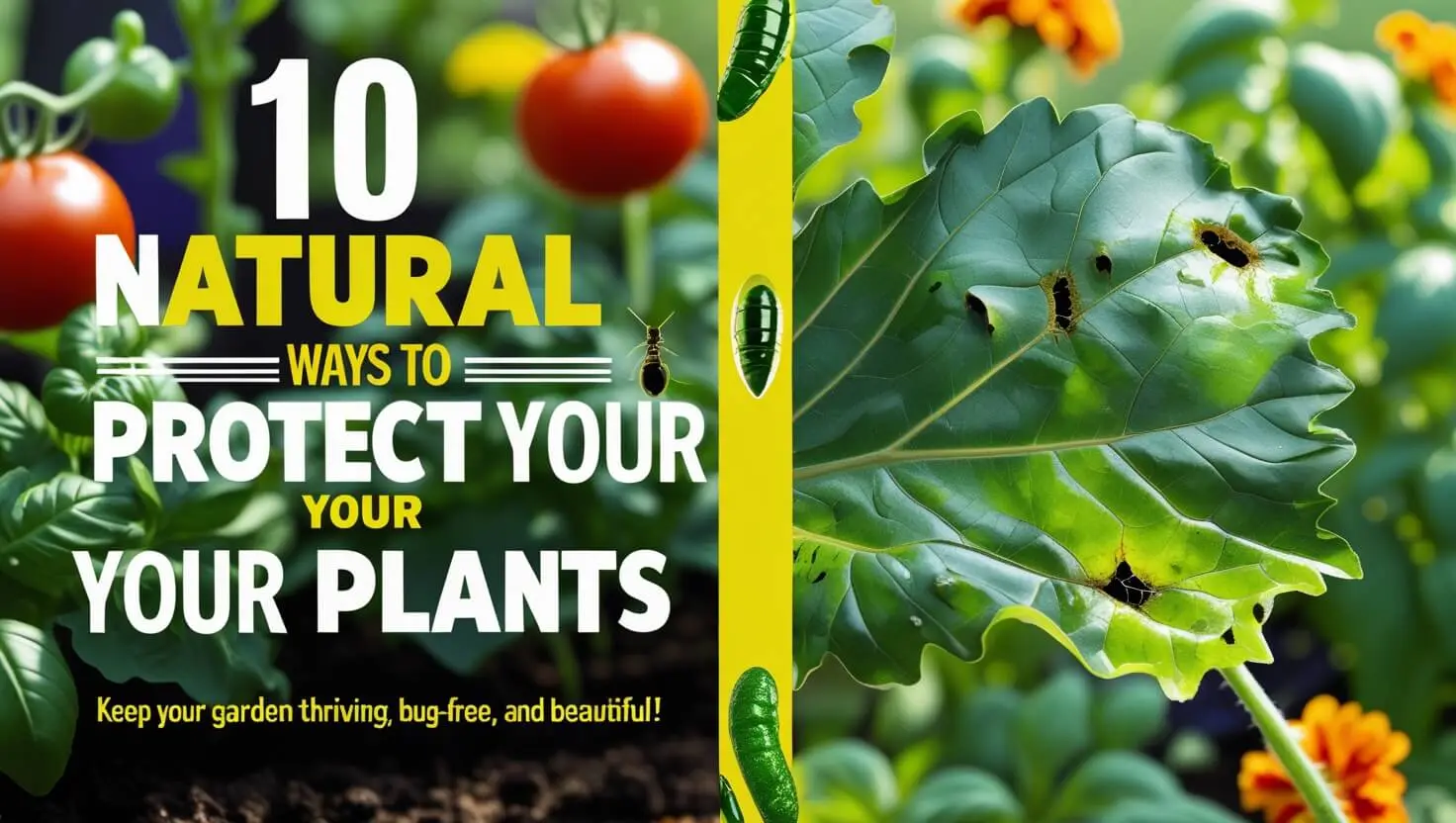 10 Natural Ways to Protect Your Plants' with a vibrant garden, pest-damaged leaves, and healthy plants. Learn how to keep bugs from eating outdoor plants naturally
