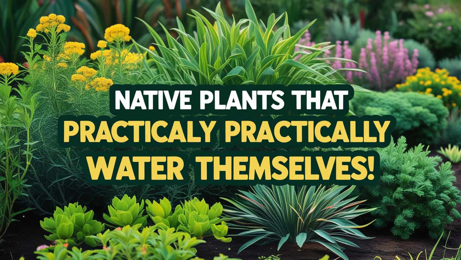 A low-water garden with native plants like California poppies and purple coneflowers, featuring mulch, rocks, and a drip irrigation system.