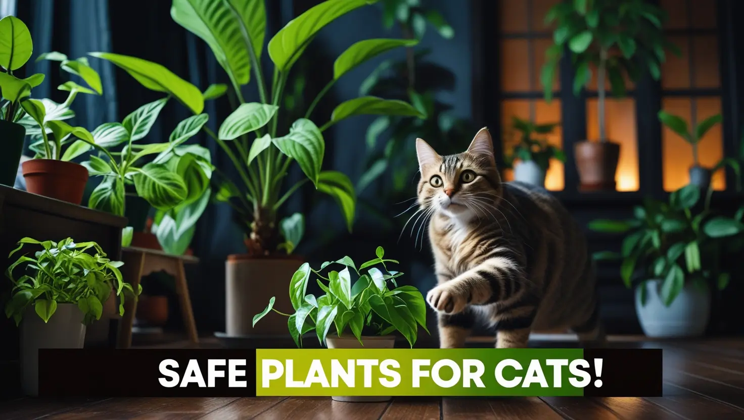 Curious cat playing with non-toxic houseplant in a cozy living room, with bold text 'Safe Plants for Cats!' in eye-catching colors