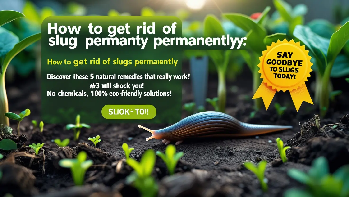 A lush, vibrant garden free of slug damage, with eco-friendly solutions like crushed eggshells and copper tape deterring a shiny slug in the foreground