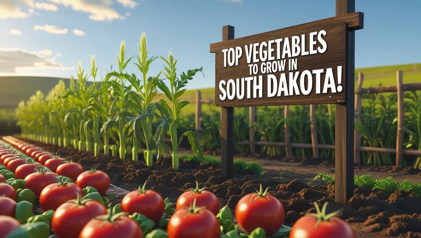 A lush vegetable garden in South Dakota featuring vibrant rows of tomatoes, carrots, and sweet corn under a bright blue sky. A small, rustic wooden sign reading 'Thriving Garden Tips' is staked into the ground. Gardening tools like a trowel and watering can rest on tilled soil in the foreground. The garden is surrounded by rolling green hills, with soft clouds in the sky, creating an inviting and cheerful atmosphere.