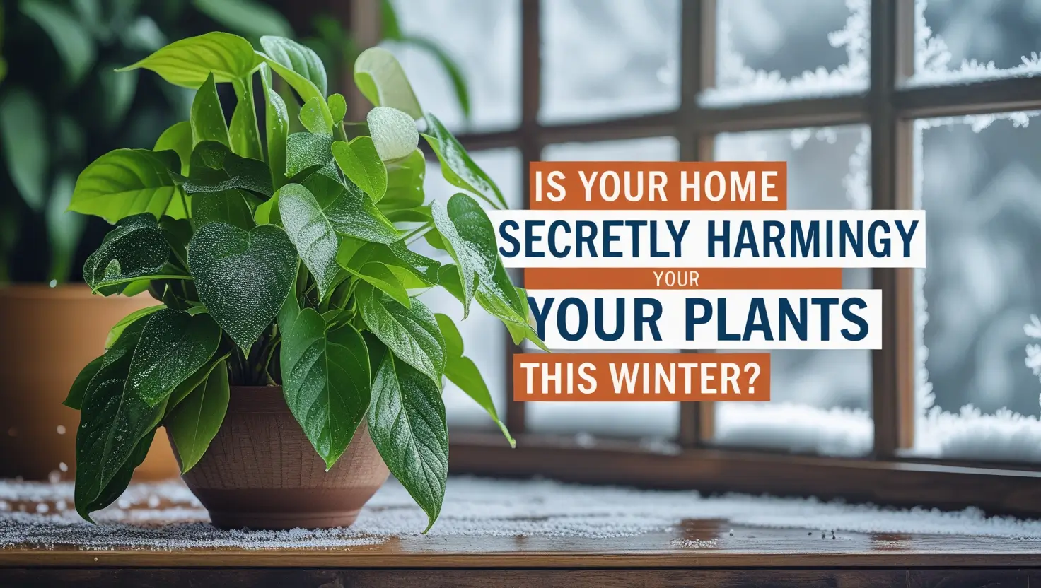 A cozy indoor setting featuring lush indoor plants like ferns and monstera surrounded by a cool-mist humidifier and a pebble tray, with subtle winter elements visible through a frosty window. The scene showcases techniques to boost humidity for plants during dry winters.