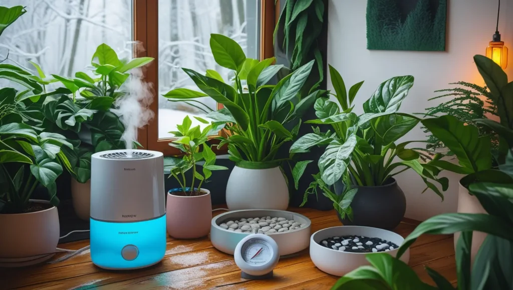 Close-up of a vibrant indoor plant (e.g., peace lily) with a cool-mist humidifier and hygrometer beside it, demonstrating the effectiveness of increasing humidity for houseplants during the dry winter season. The background has a soft, warm indoor glow, indicating a well-maintained, humidified environment.