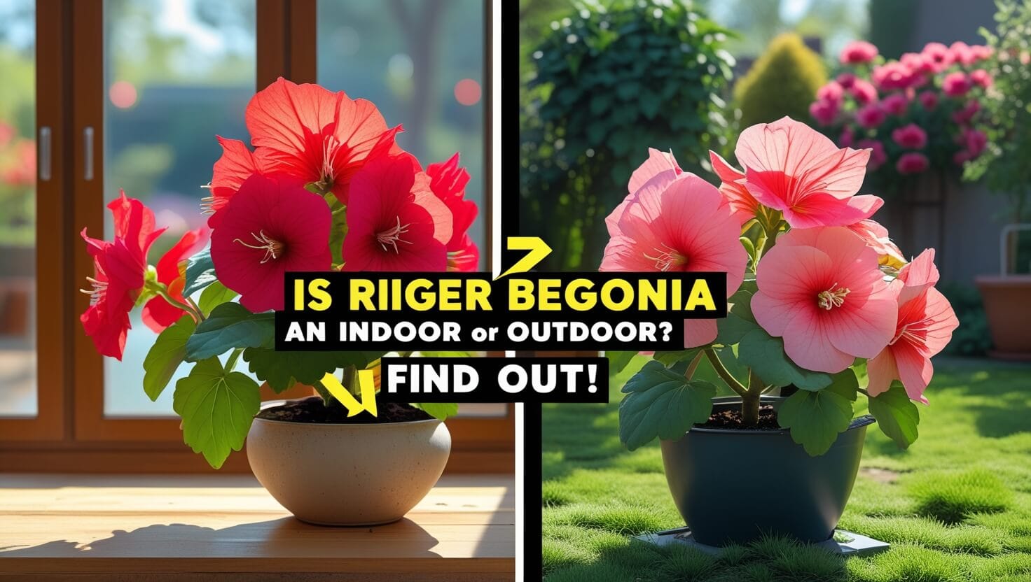 Vibrant Rieger begonia with colorful blooms, split between a sunny indoor windowsill setting and a shaded outdoor garden, with bold text: 'Indoor or Outdoor? Find Out!