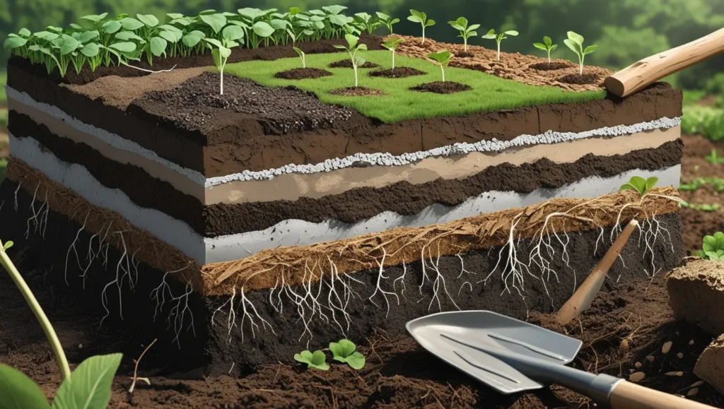 A detailed, cross-sectional diagram showing the layers of soil preparation for South Dakota gardens, including clay soil, amended compost, and mulch. Small roots are visible sprouting from seeds planted at the top. Gardening tools like a spade and rake are nearby, with natural textures and soft lighting enhancing the realism.