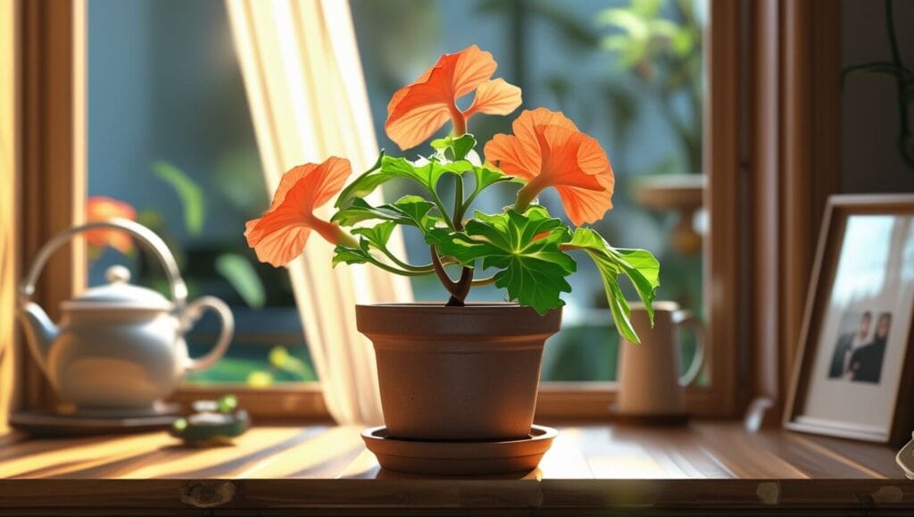 Vibrant Rieger begonia with colorful blooms, split between a sunny indoor windowsill setting and a shaded outdoor garden, with bold text: 'Indoor or Outdoor? Find Out!