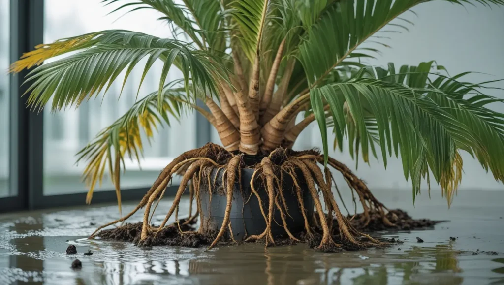 Indoor palm plant showing signs of distress with drooping, yellowing leaves. The image represents a palm in need of care and attention, hinting at the steps to revive it."