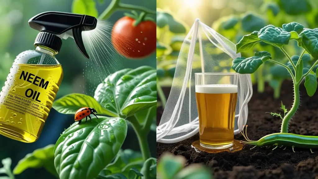 "Split-screen showing neem oil spray on a tomato plant, a ladybug eating aphids, and a DIY beer trap catching slugs. Explore natural ways to protect outdoor plants from pests."