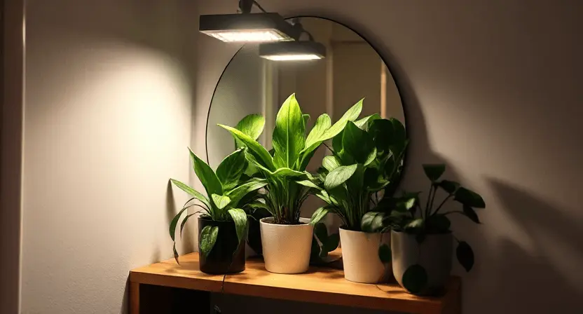 A corner of an apartment with low light, showing plants thriving under an LED grow light. Include a snake plant, ZZ plant, and pothos arranged near a reflective mirror.