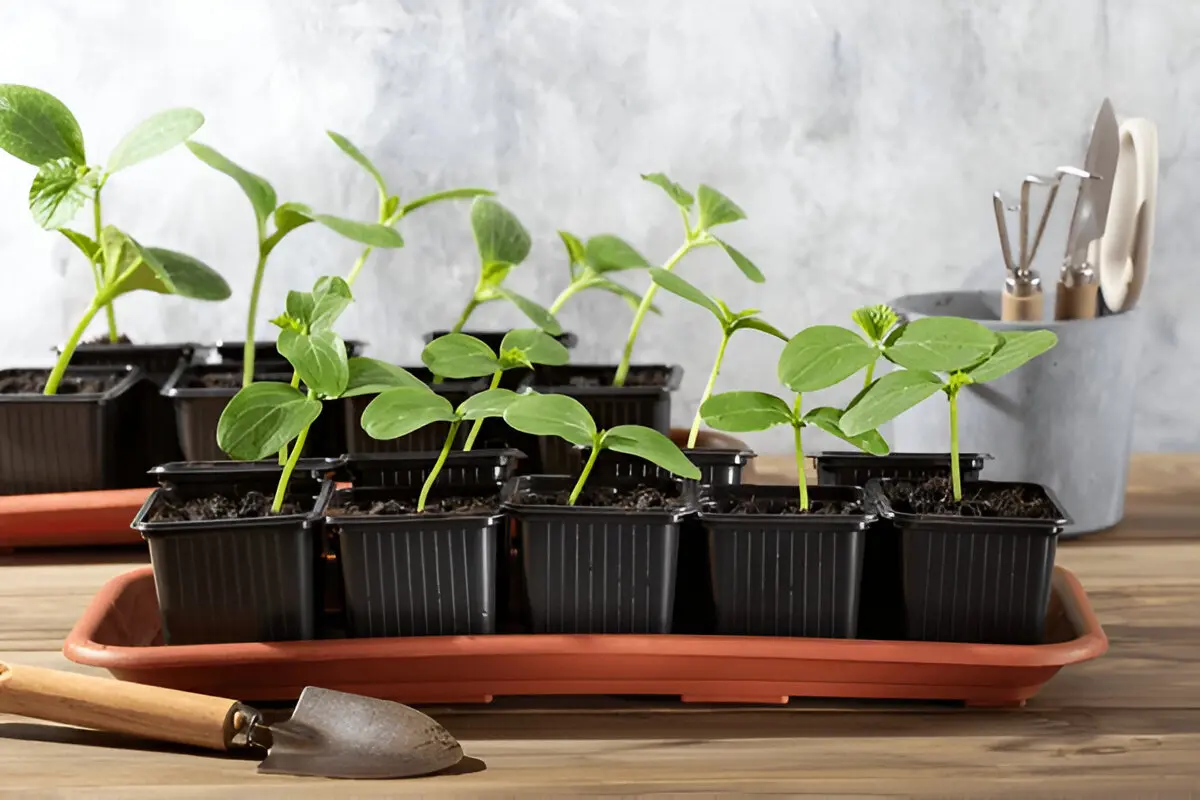 Tray of young green seedlings, possibly cucumber or squash, growing in black starter pots on a wooden surface, with small gardening tools visible.