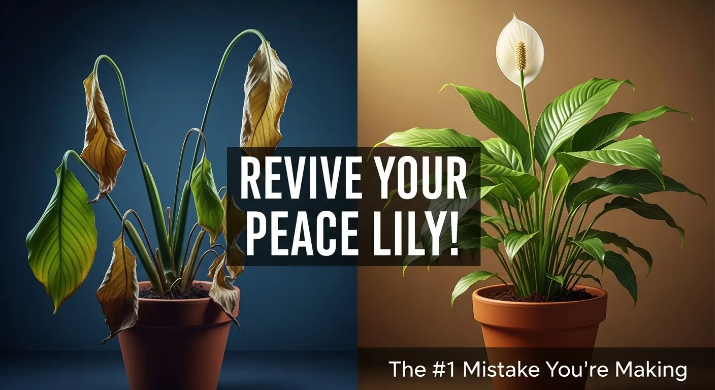 A YouTube thumbnail with a dramatic split-screen effect. On the left side, show a sad, completely drooped, and wilted Peace Lily in a pot, looking near death. The lighting on this side is dim and slightly blue. On the right side, show the exact same Peace Lily, now vibrant, healthy, and standing tall with lush green leaves and a beautiful white flower. The lighting on this side is bright and warm. In the center, overlay a bold, eye-catching text in a clean font that says: "REVIVE YOUR PEACE LILY!" In the bottom corner, add a smaller text: "The #1 Mistake You're Making". The overall style should be high-contrast, realistic, and compelling.