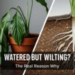 A thumbnail showing a drooping Peace Lily with wet soil, illustrating the problem of a plant wilting after being watered due to root rot.