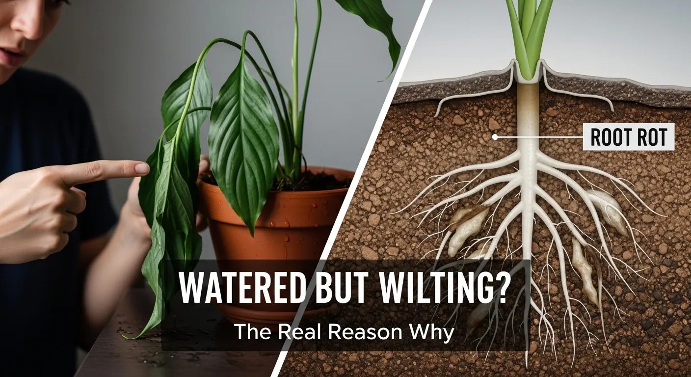 A thumbnail showing a drooping Peace Lily with wet soil, illustrating the problem of a plant wilting after being watered due to root rot.